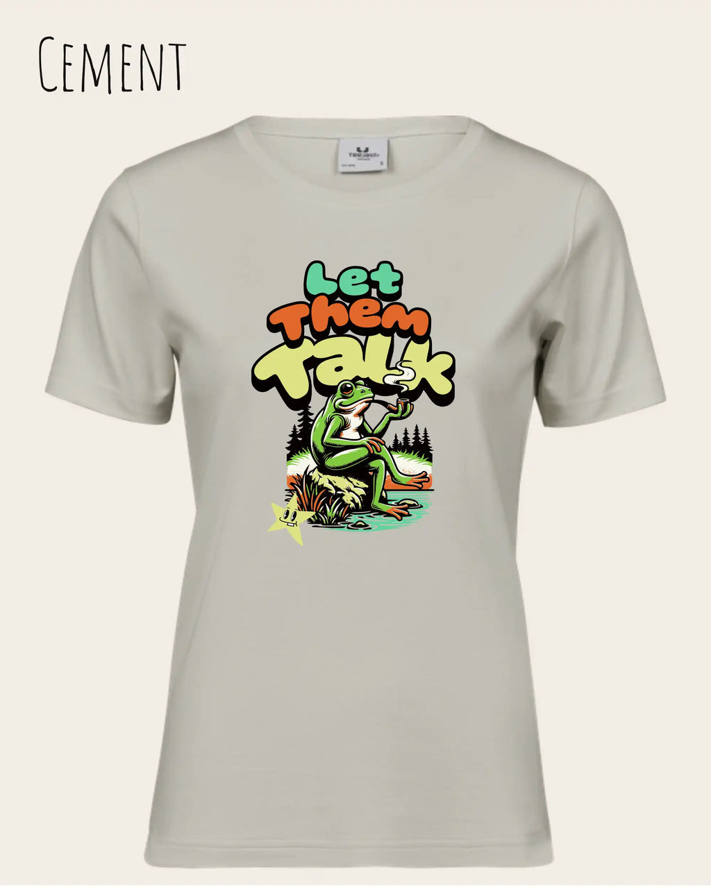 das bild zeigt das T-Shirt Tee Jays Women's Interlock Tee STYLE 580 in der farbe cement mit dem humorvollen design "LET THEM TALK".
