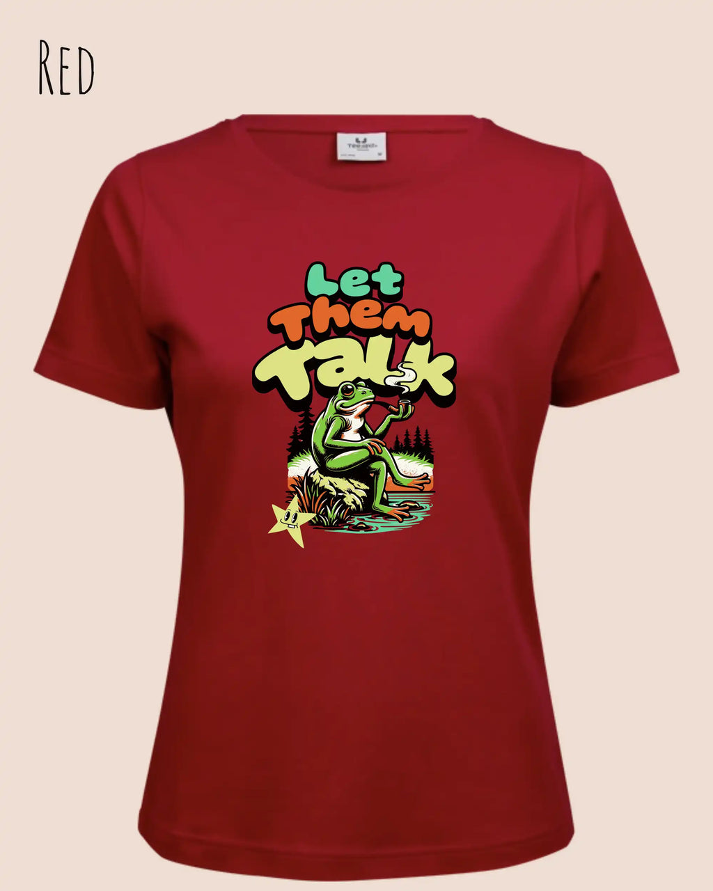 das bild zeigt das T-Shirt Tee Jays Women's Interlock Tee STYLE 580 in der farbe red mit dem humorvollen design "LET THEM TALK".