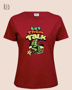 das bild zeigt das T-Shirt Tee Jays Women's Interlock Tee STYLE 580 in der farbe red mit dem humorvollen design "LET THEM TALK".