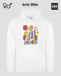 das bild zeigt den design hoodie jh001 von just hoods in der farbe arctic white und mit dem farbenfrohen motiv "smile ... it confuses people".