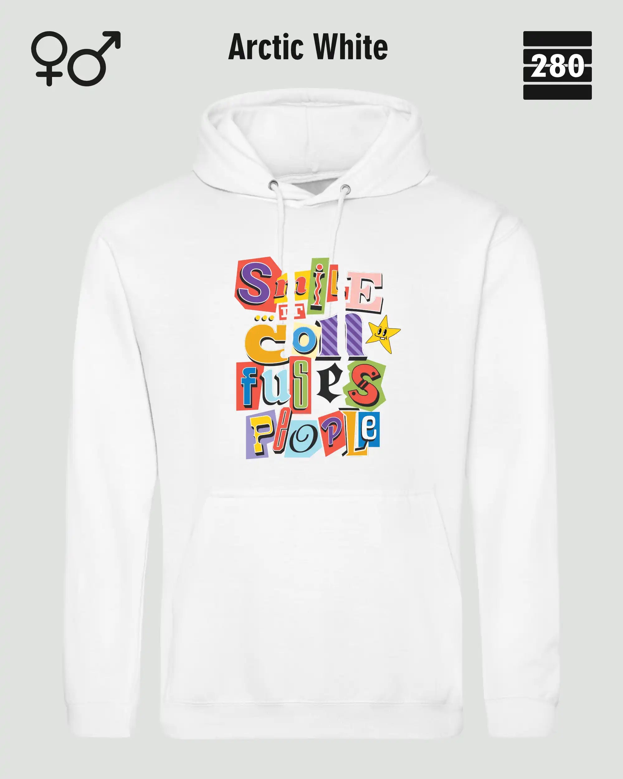 das bild zeigt den design hoodie jh001 von just hoods in der farbe arctic white und mit dem farbenfrohen motiv "smile ... it confuses people".