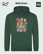 das bild zeigt den design hoodie jh001 von just hoods in der farbe bottle green und mit dem farbenfrohen motiv "smile ... it confuses people".