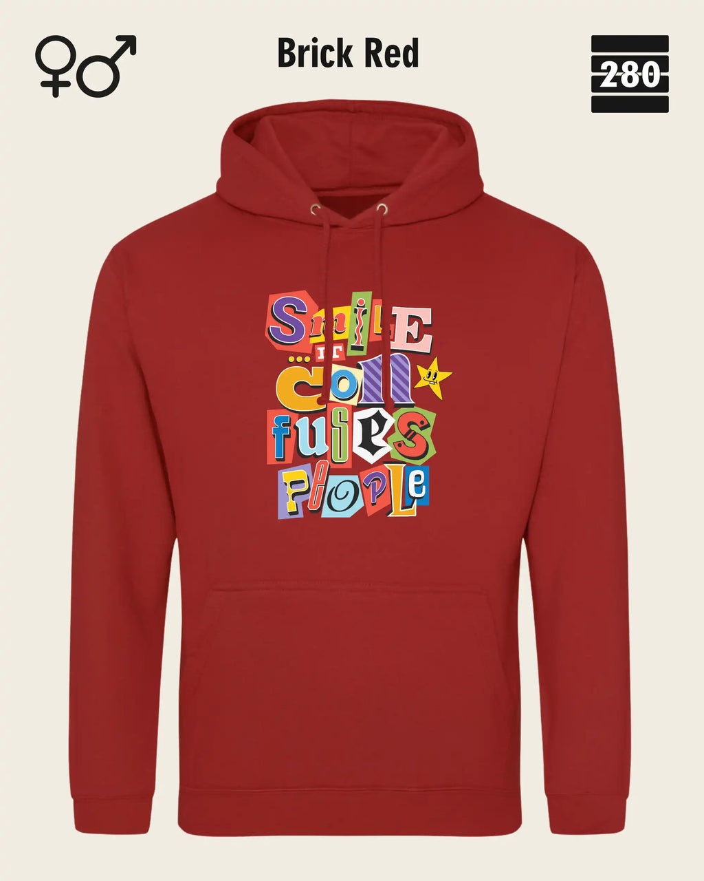 das bild zeigt den design hoodie jh001 von just hoods in der farbe brick red und mit dem farbenfrohen motiv "smile ... it confuses people".