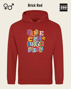 das bild zeigt den design hoodie jh001 von just hoods in der farbe brick red und mit dem farbenfrohen motiv "smile ... it confuses people".