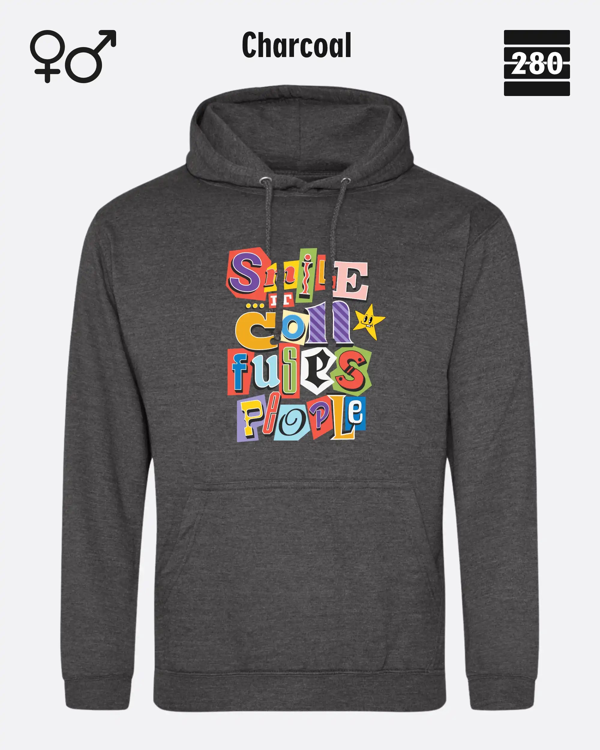 das bild zeigt den design hoodie jh001 von just hoods in der farbe charcoal und mit dem farbenfrohen motiv "smile ... it confuses people".