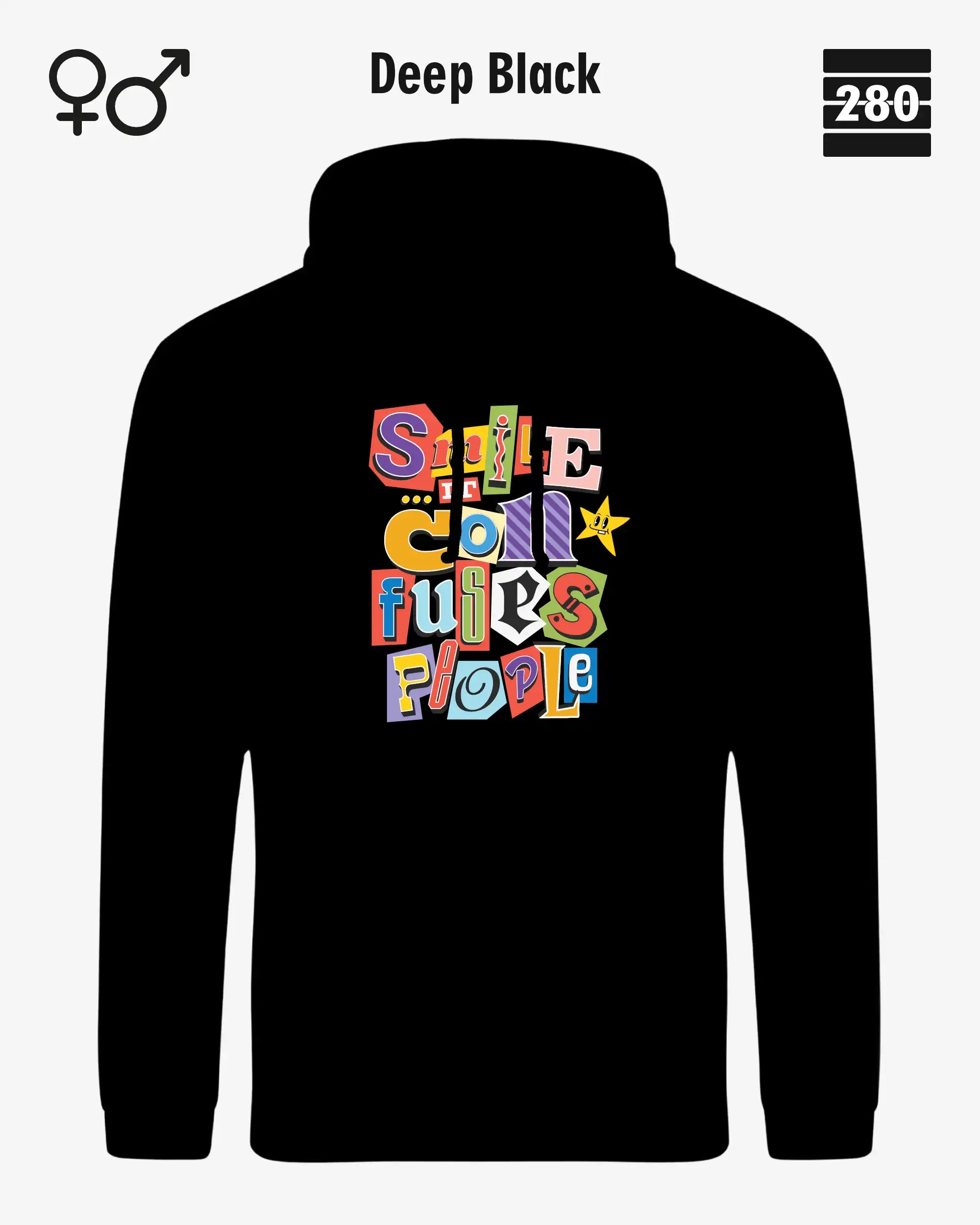 das bild zeigt den design hoodie jh001 von just hoods in der farbe deep black und mit dem farbenfrohen motiv "smile ... it confuses people".