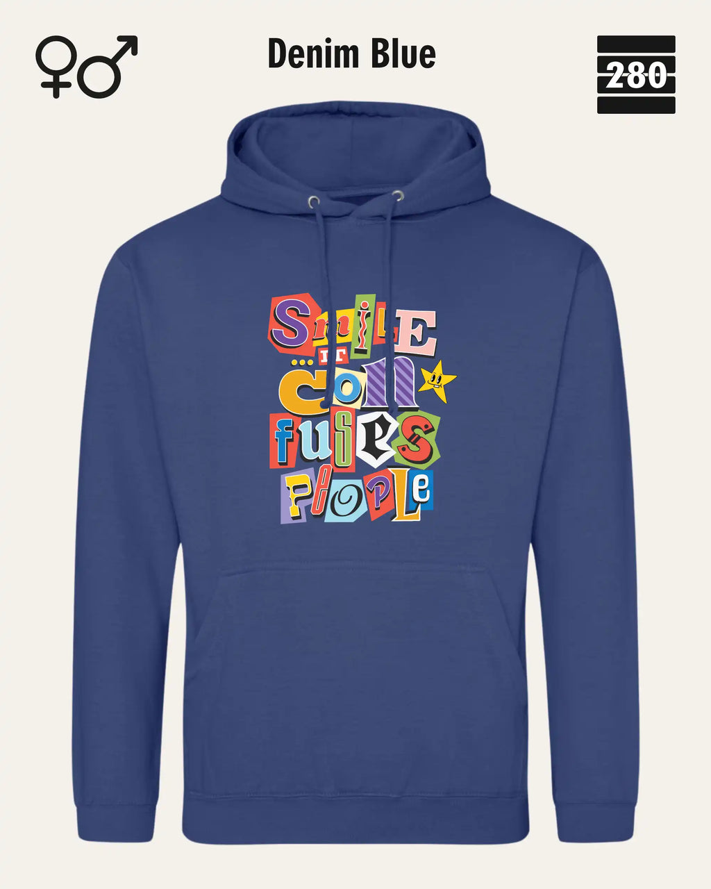 das bild zeigt den design hoodie jh001 von just hoods in der farbe denim blue und mit dem farbenfrohen motiv "smile ... it confuses people".