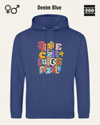 das bild zeigt den design hoodie jh001 von just hoods in der farbe denim blue und mit dem farbenfrohen motiv "smile ... it confuses people".