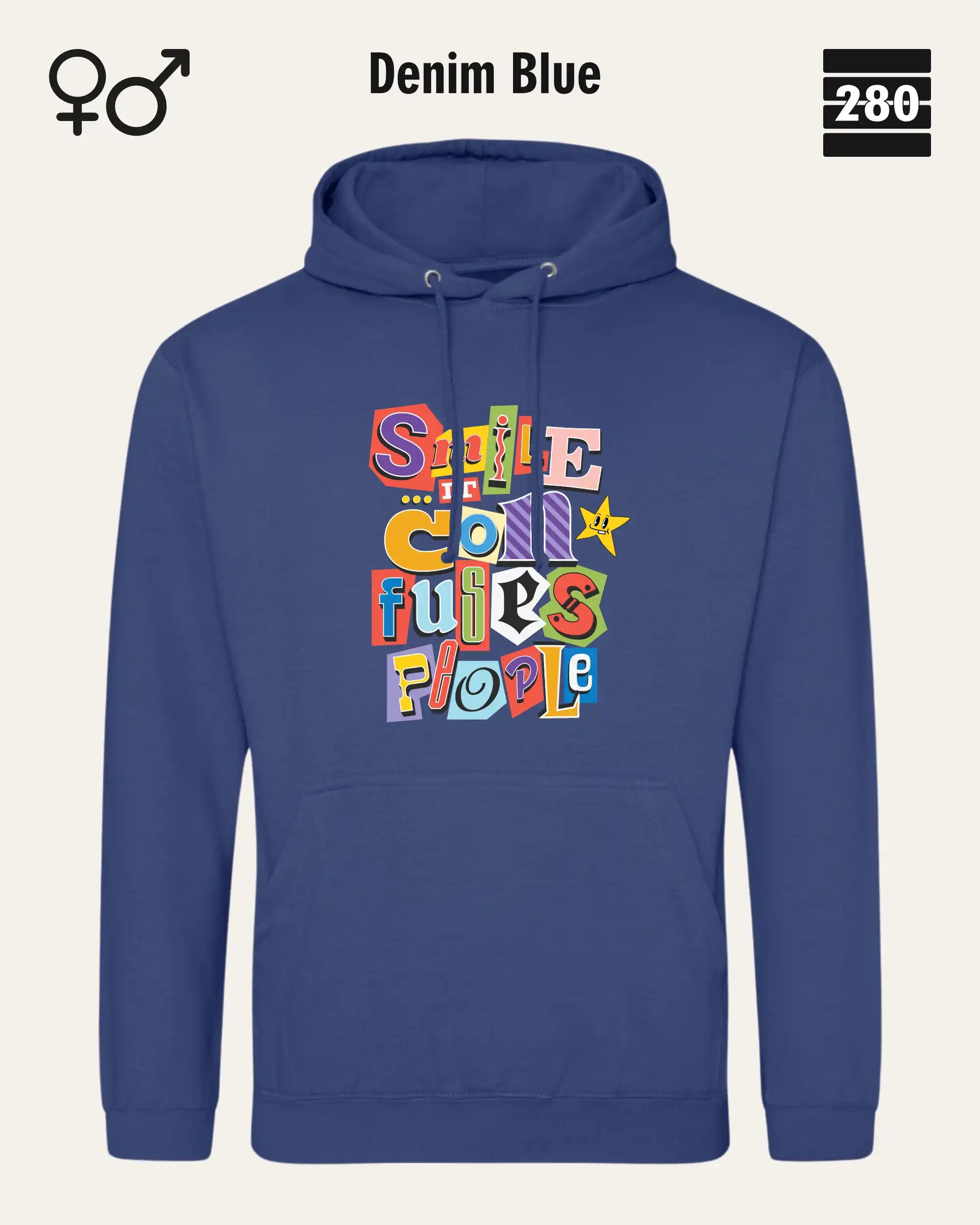 das bild zeigt den design hoodie jh001 von just hoods in der farbe denim blue und mit dem farbenfrohen motiv "smile ... it confuses people".