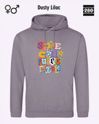 das bild zeigt den design hoodie jh001 von just hoods in der farbe dusty lilac und mit dem farbenfrohen motiv "smile ... it confuses people".