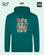 das bild zeigt den design hoodie jh001 von just hoods in der farbe jade und mit dem farbenfrohen motiv "smile ... it confuses people".