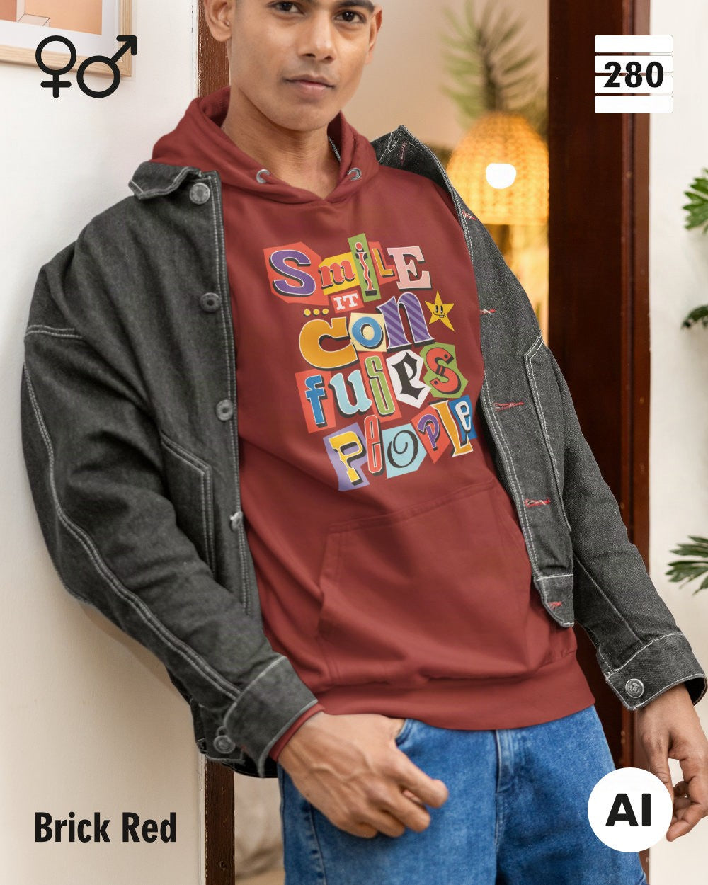 das bild zeigt eine person, die einen  design hoodie in der farbe brick red und mit dem farbenfrohen motiv "smile ... it confuses people" trägt