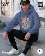 das bild zeigt einen jungen mann, der einen  design hoodie in der farbe denim blue und mit dem farbenfrohen motiv "smile ... it confuses people" vorne auf der brust  trägt