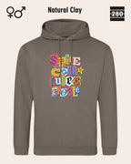 das bild zeigt den design hoodie jh001 von just hoods in der farbe natural clay und mit dem farbenfrohen motiv "smile ... it confuses people".