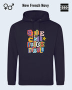 das bild zeigt den design hoodie jh001 von just hoods in der farbe new french navy und mit dem farbenfrohen motiv "smile ... it confuses people".