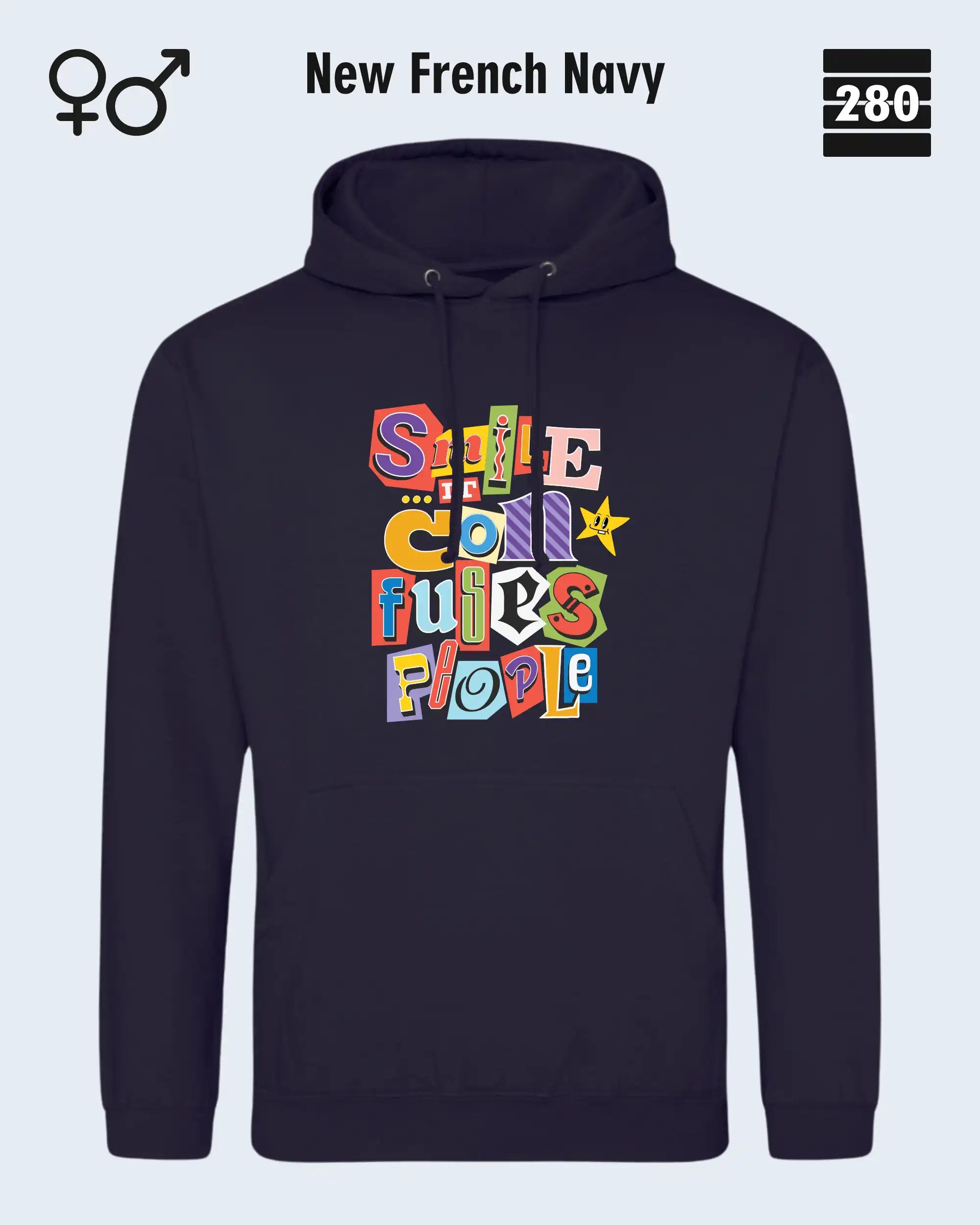 das bild zeigt den design hoodie jh001 von just hoods in der farbe new french navy und mit dem farbenfrohen motiv "smile ... it confuses people".