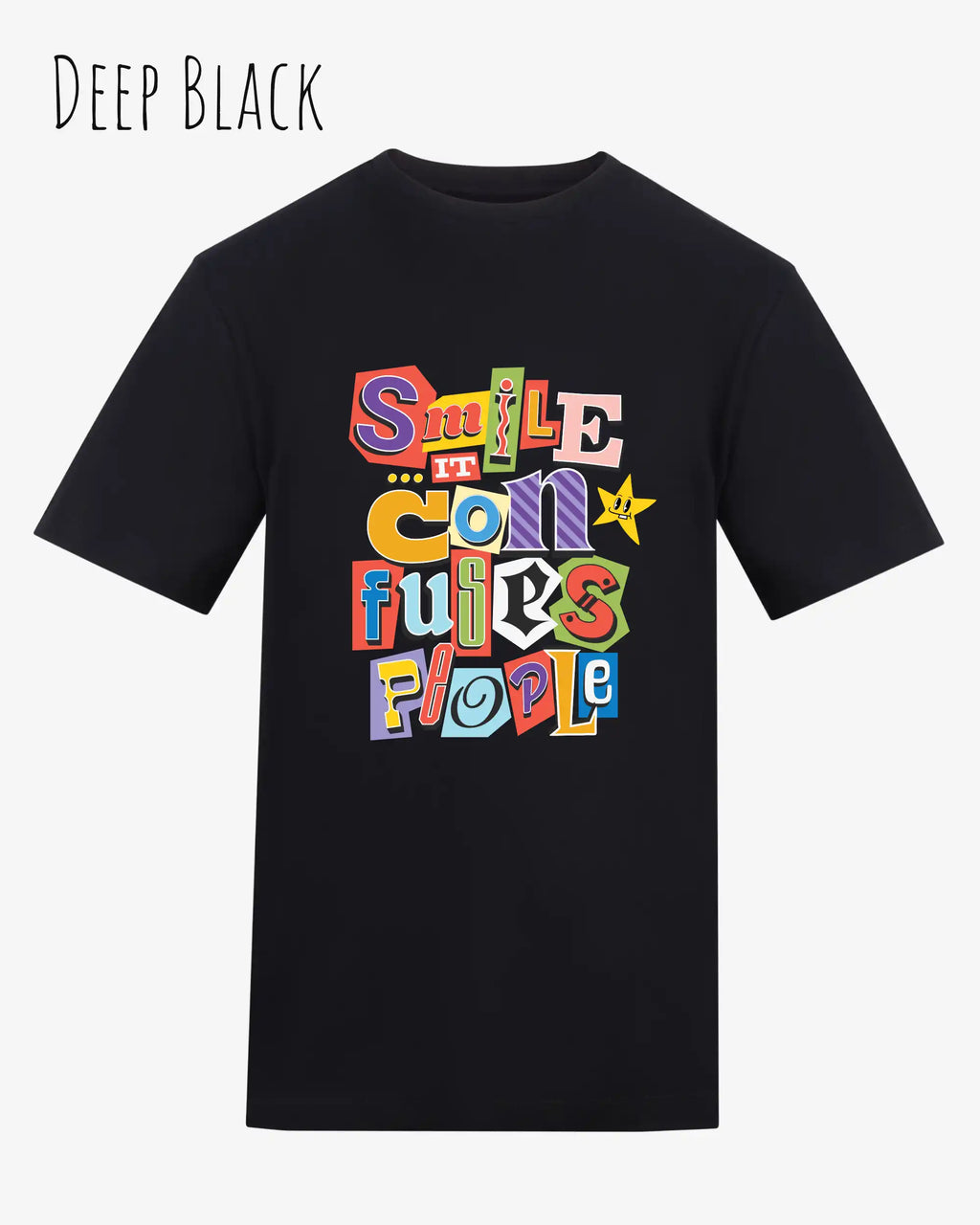Ds Bild zeigt das T-Shirt AWDis 180 T in der Farbe deep black mit dem Design Smile confuses people.