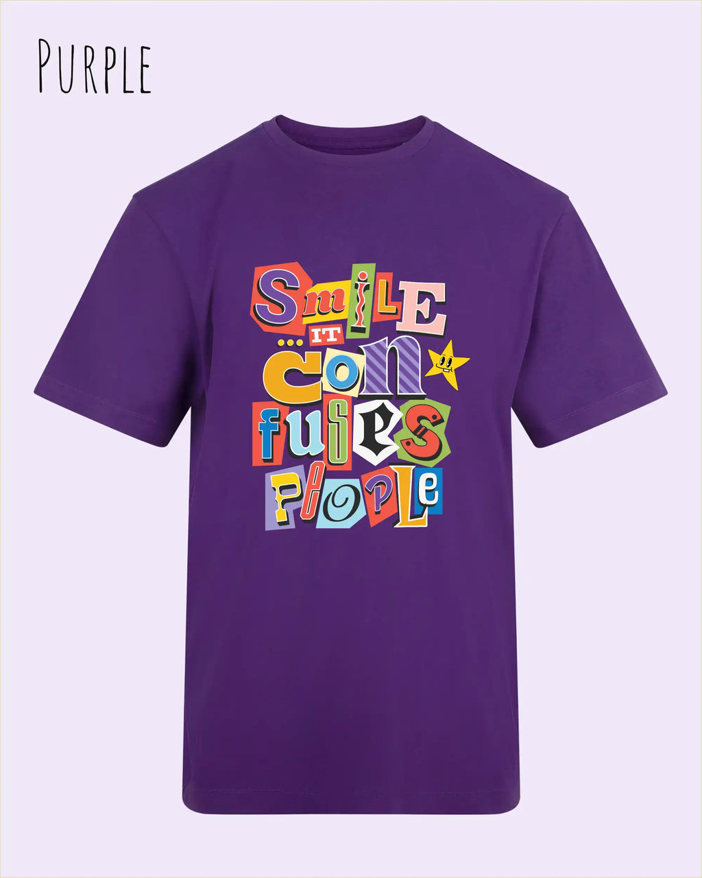 Ds Bild zeigt das T-Shirt AWDis 180 T in der Farbe purple mit dem Design Smile confuses people.