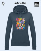 das bild zeigt den leicht taillierten damen design hoodie jh001 fvon just hoods in der farbe airforce blue und mit dem farbenfrohen motiv "smile ... it confuses people".