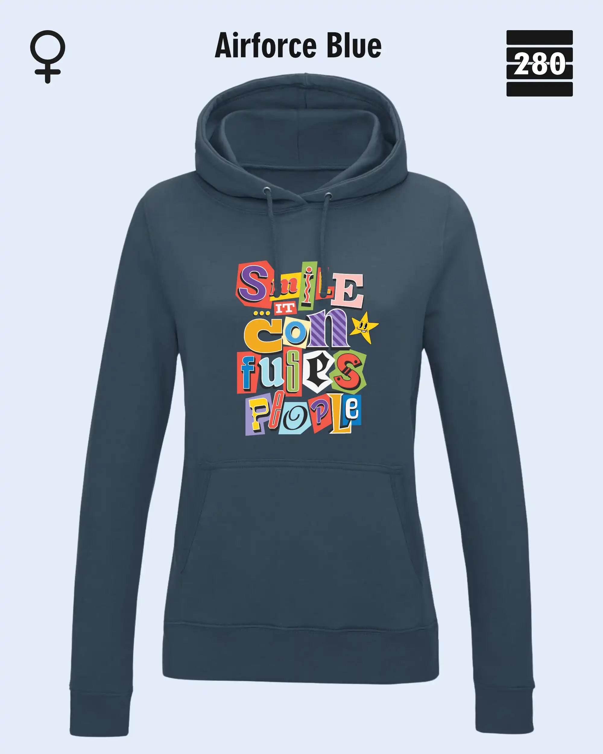 das bild zeigt den leicht taillierten damen design hoodie jh001 fvon just hoods in der farbe airforce blue und mit dem farbenfrohen motiv "smile ... it confuses people".