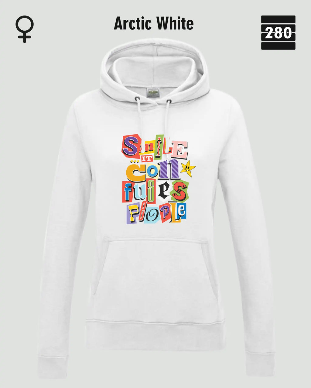 das bild zeigt den leicht taillierten damen design hoodie jh001 fvon just hoods in der farbe arctic white und mit dem farbenfrohen motiv "smile ... it confuses people".