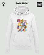 das bild zeigt den leicht taillierten damen design hoodie jh001 fvon just hoods in der farbe arctic white und mit dem farbenfrohen motiv "smile ... it confuses people".
