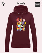 das bild zeigt den leicht taillierten damen design hoodie jh001 fvon just hoods in der farbe burgundy und mit dem farbenfrohen motiv "smile ... it confuses people".