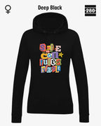 das bild zeigt den leicht taillierten damen design hoodie jh001 fvon just hoods in der farbe deep black und mit dem farbenfrohen motiv "smile ... it confuses people".
