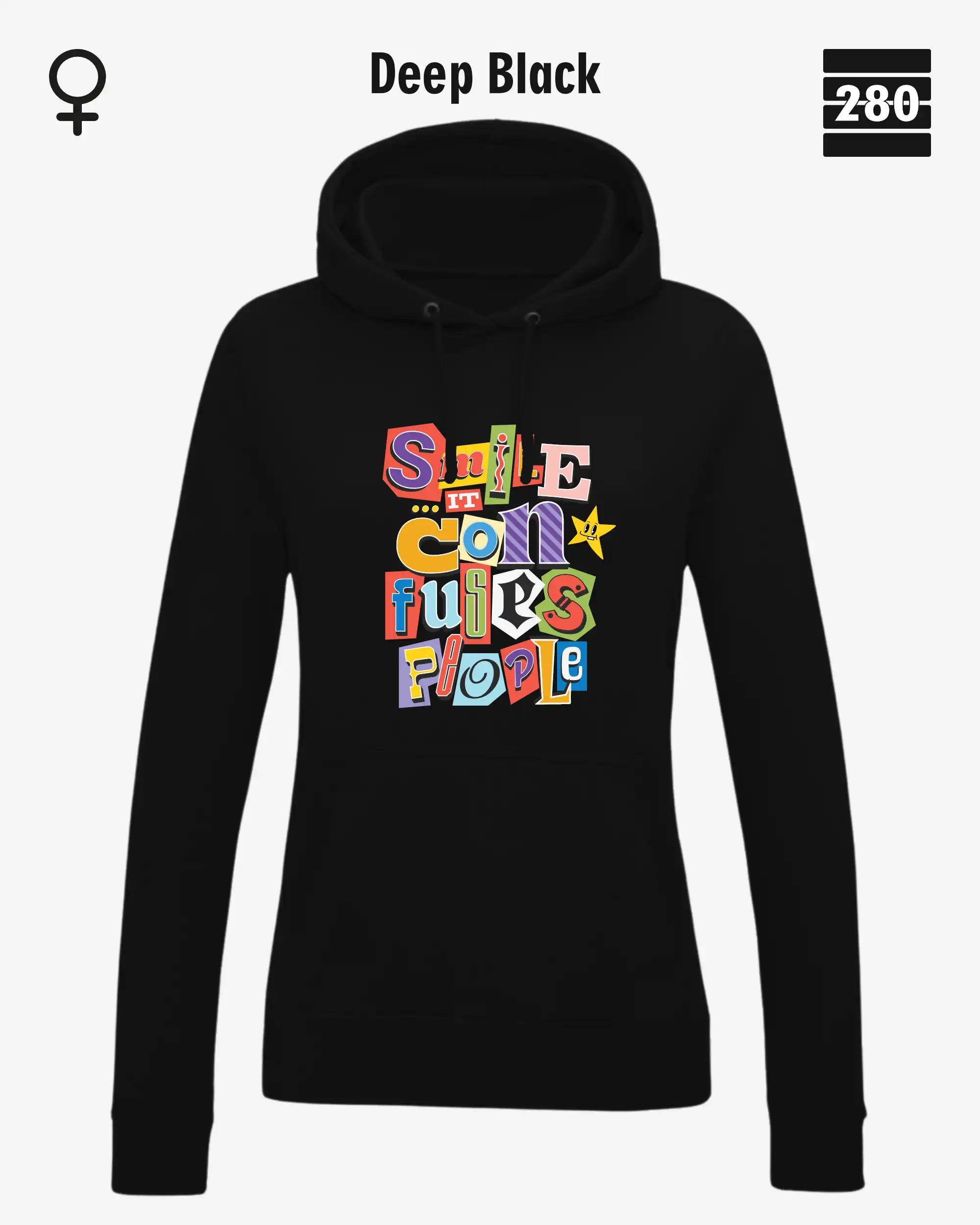 das bild zeigt den leicht taillierten damen design hoodie jh001 fvon just hoods in der farbe deep black und mit dem farbenfrohen motiv "smile ... it confuses people".