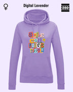 das bild zeigt den leicht taillierten damen design hoodie jh001 fvon just hoods in der farbe digital lavender und mit dem farbenfrohen motiv "smile ... it confuses people".