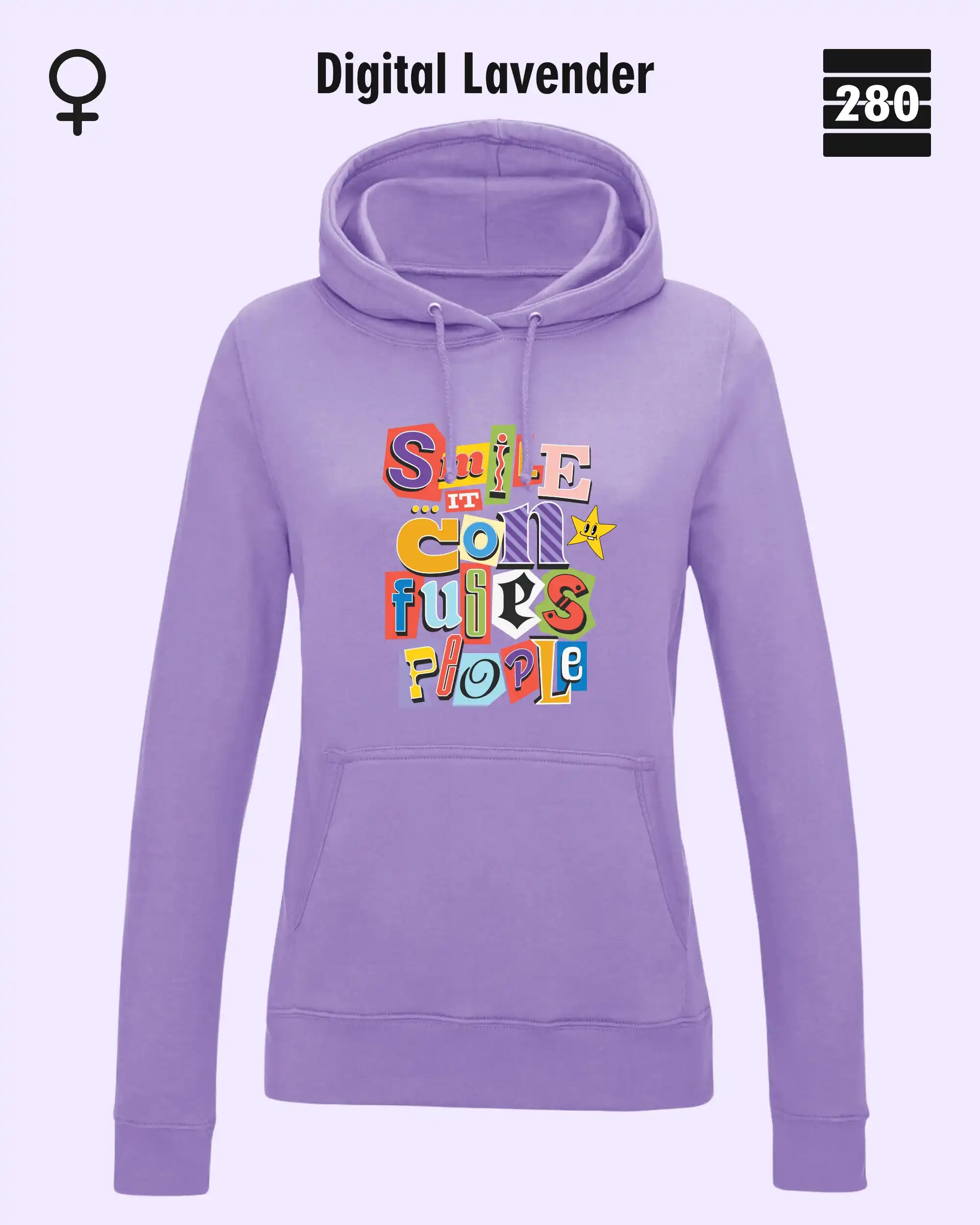 das bild zeigt den leicht taillierten damen design hoodie jh001 fvon just hoods in der farbe digital lavender und mit dem farbenfrohen motiv "smile ... it confuses people".