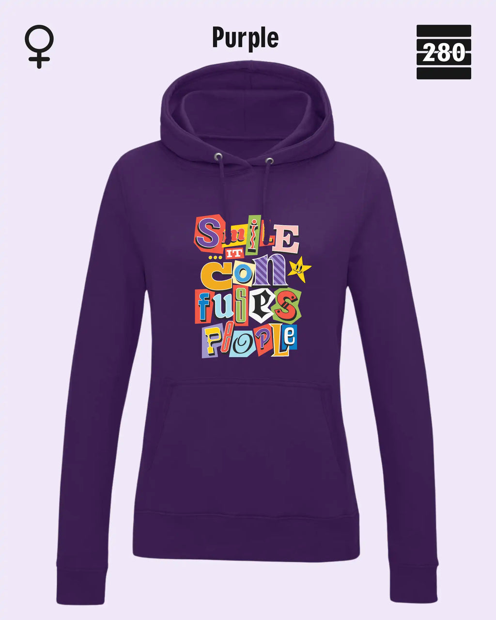 das bild zeigt den leicht taillierten damen design hoodie jh001 fvon just hoods in der farbe purple und mit dem farbenfrohen motiv "smile ... it confuses people".