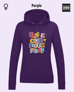 das bild zeigt den leicht taillierten damen design hoodie jh001 fvon just hoods in der farbe purple und mit dem farbenfrohen motiv "smile ... it confuses people".