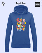 das bild zeigt den leicht taillierten damen design hoodie jh001 fvon just hoods in der farbe royal blue und mit dem farbenfrohen motiv "smile ... it confuses people".