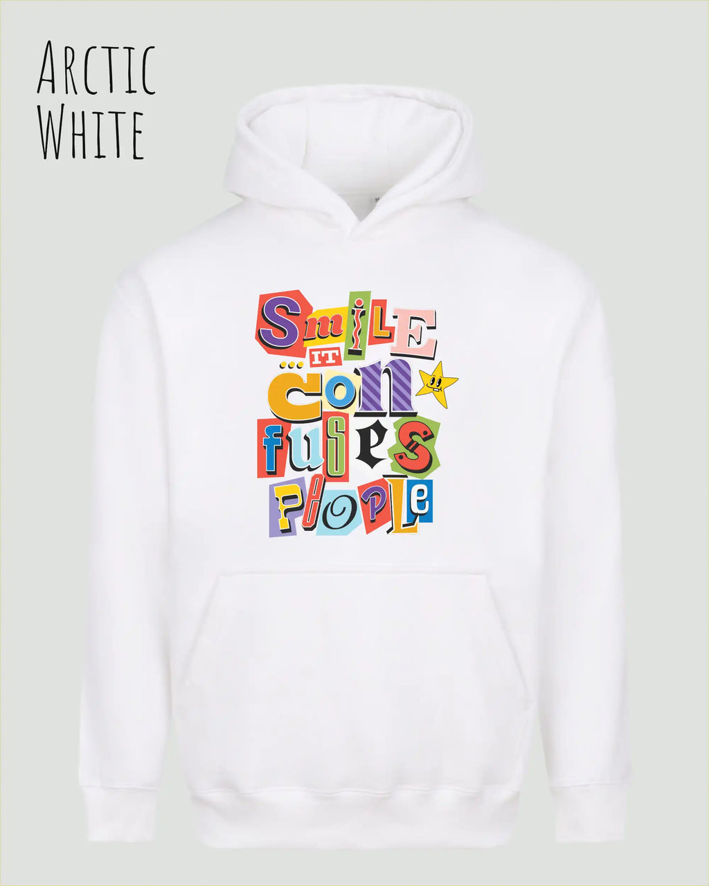 das bild zeigt den Oversized Design-Hoodie JH111 in der farbe arctic white mit dem farbenfrohen motiv "Smile ... it confuses people".