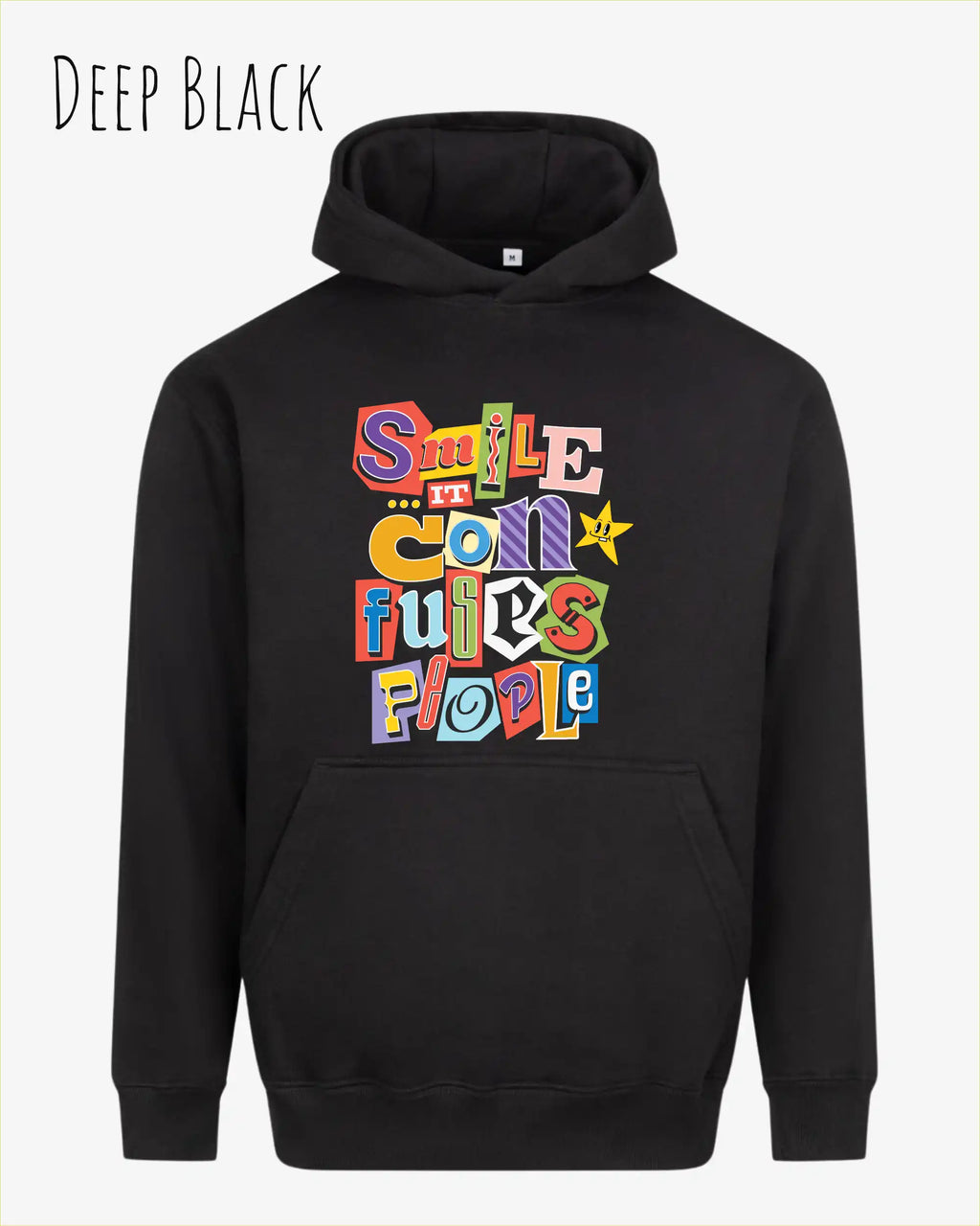das bild zeigt den Oversized Design-Hoodie JH111 in der farbe deep black mit dem farbenfrohen motiv "Smile ... it confuses people".