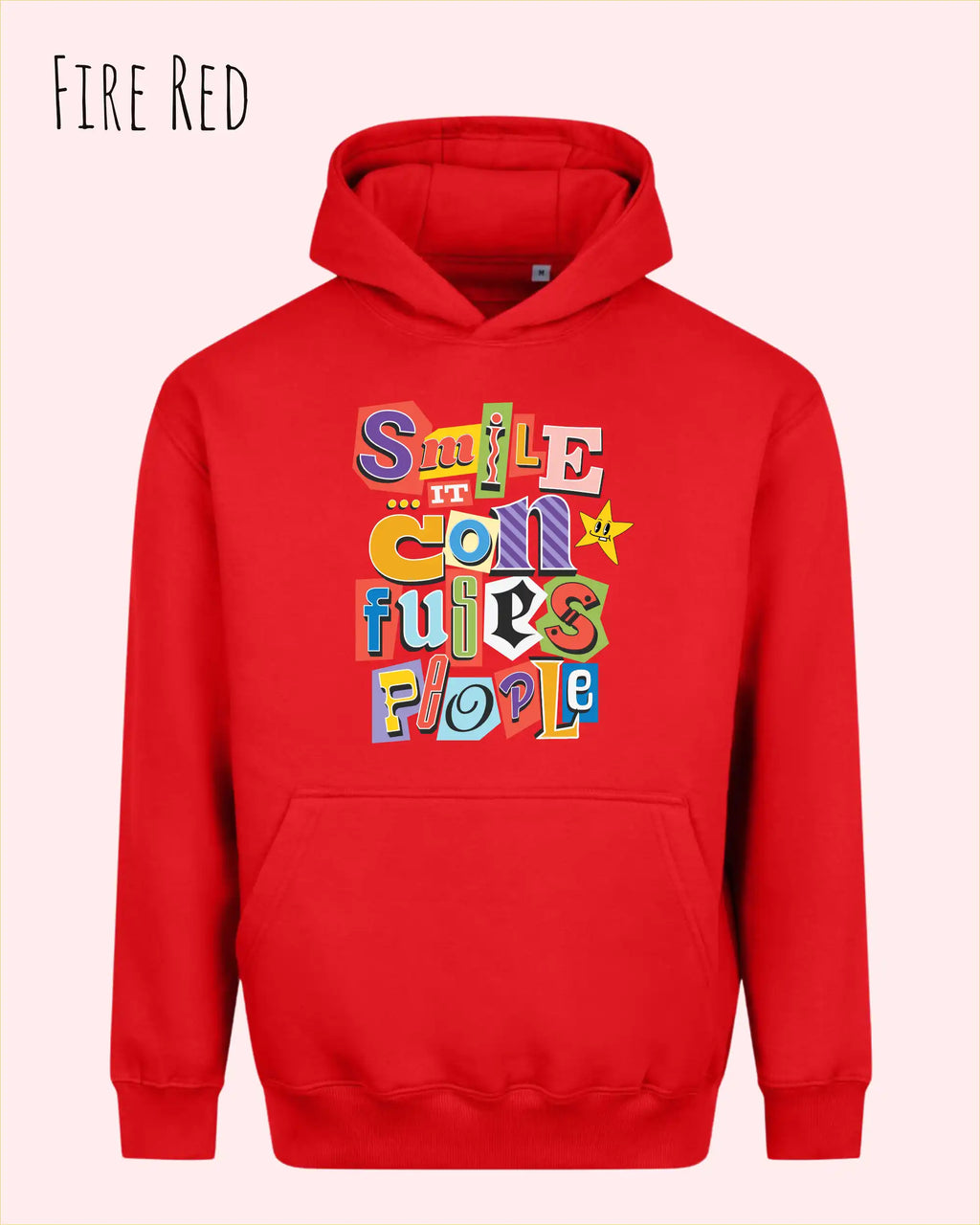 das bild zeigt den Oversized Design-Hoodie JH111 in der farbe fire red mit dem farbenfrohen motiv "Smile ... it confuses people".