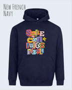 das bild zeigt den Oversized Design-Hoodie JH111 in der farbe new french navy mit dem farbenfrohen motiv "Smile ... it confuses people".