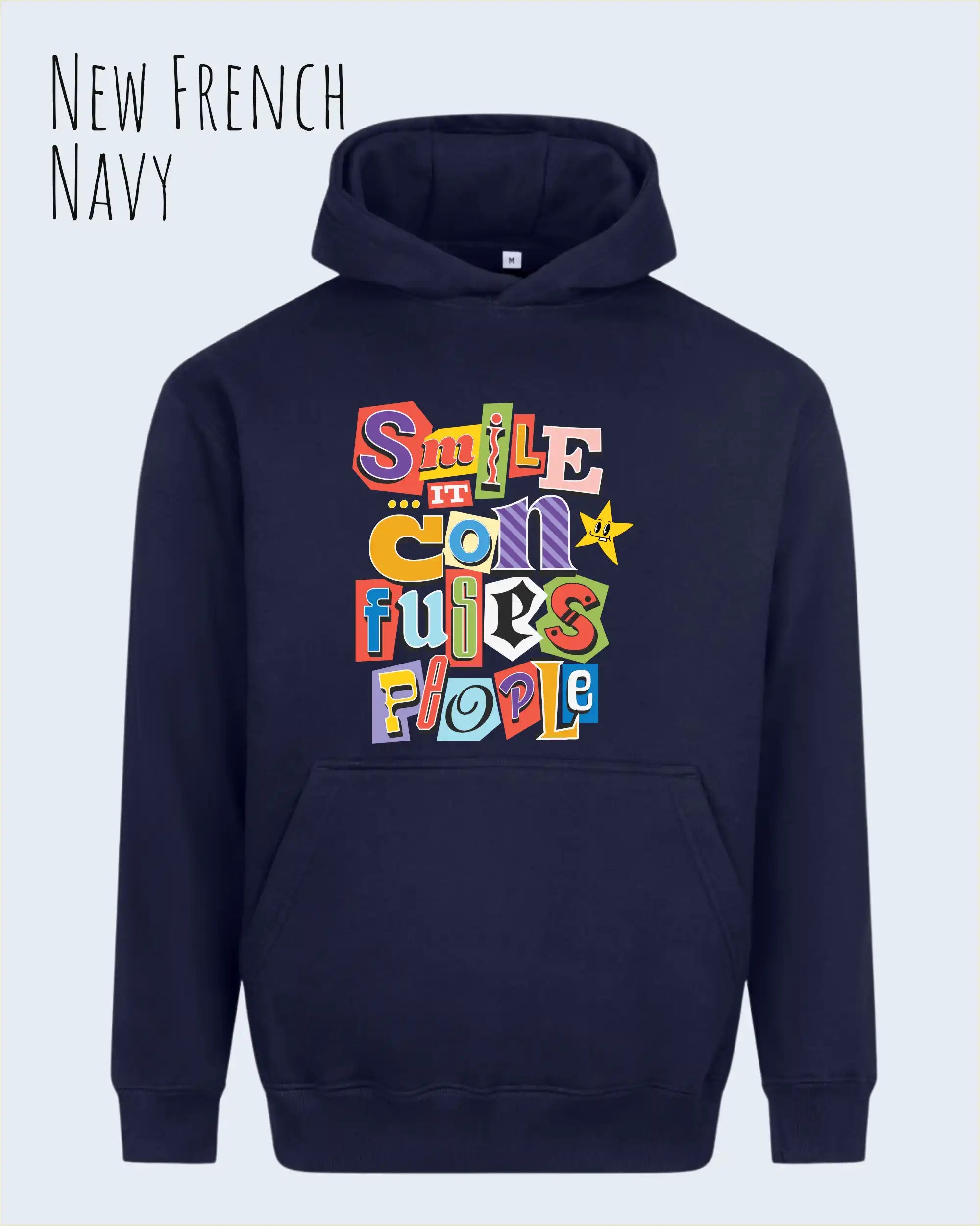 das bild zeigt den Oversized Design-Hoodie JH111 in der farbe new french navy mit dem farbenfrohen motiv "Smile ... it confuses people".