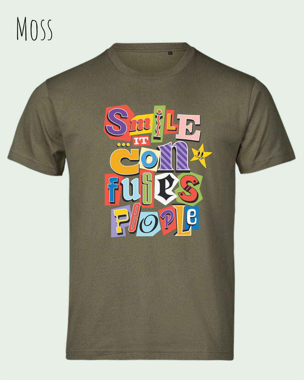 dieses bild zeigt das Design-T-Shirt Tee Jays Urban Luxury Tee 1150 in der Farbe moss mit dem Motiv "Smile, it confuses people".