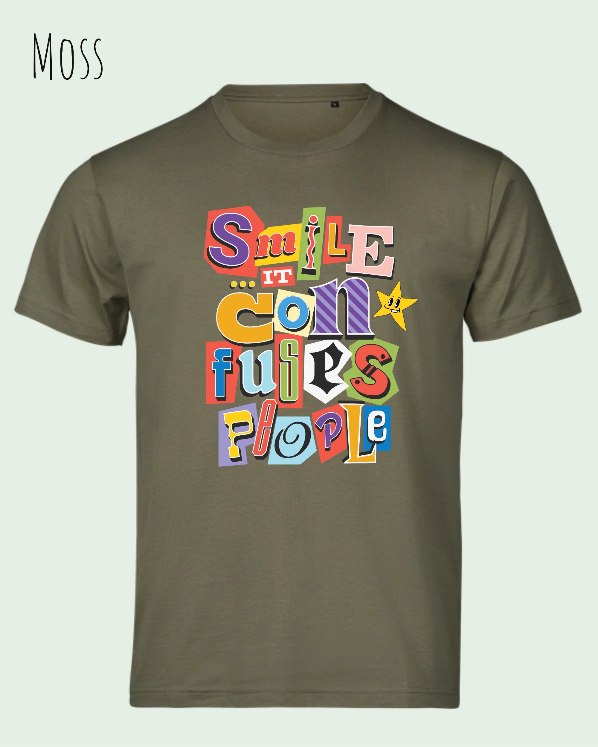 dieses bild zeigt das Design-T-Shirt Tee Jays Urban Luxury Tee 1150 in der Farbe moss mit dem Motiv "Smile, it confuses people".