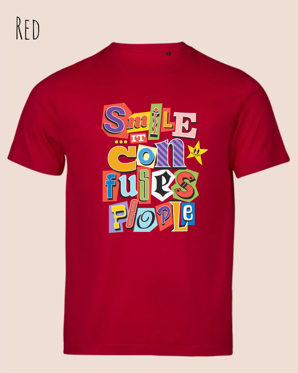dieses bild zeigt das Design-T-Shirt Tee Jays Urban Luxury Tee 1150 in der Farbe red mit dem Motiv "Smile, it confuses people".