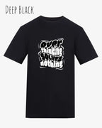 die Abbildung zeigt das t-shirt awdis 180 t in der farbe deep black mit dem motiv overthinking solves nothing.
