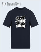 die Abbildung zeigt das t-shirt awdis 180 t in der farbe new french navy mit dem motiv overthinking solves nothing.