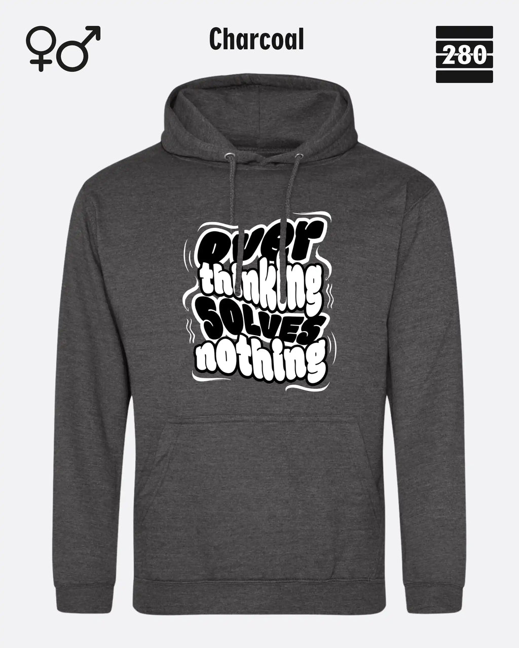 das bild zeigt den hoodie jh001 von just hoods in der farbe charcoal und mit dem statement design "overthinking solves nothing".
