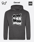 das bild zeigt den hoodie jh001 von just hoods in der farbe charcoal und mit dem statement design "overthinking solves nothing".