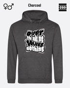 das bild zeigt den hoodie jh001 von just hoods in der farbe charcoal und mit dem statement design "overthinking solves nothing".