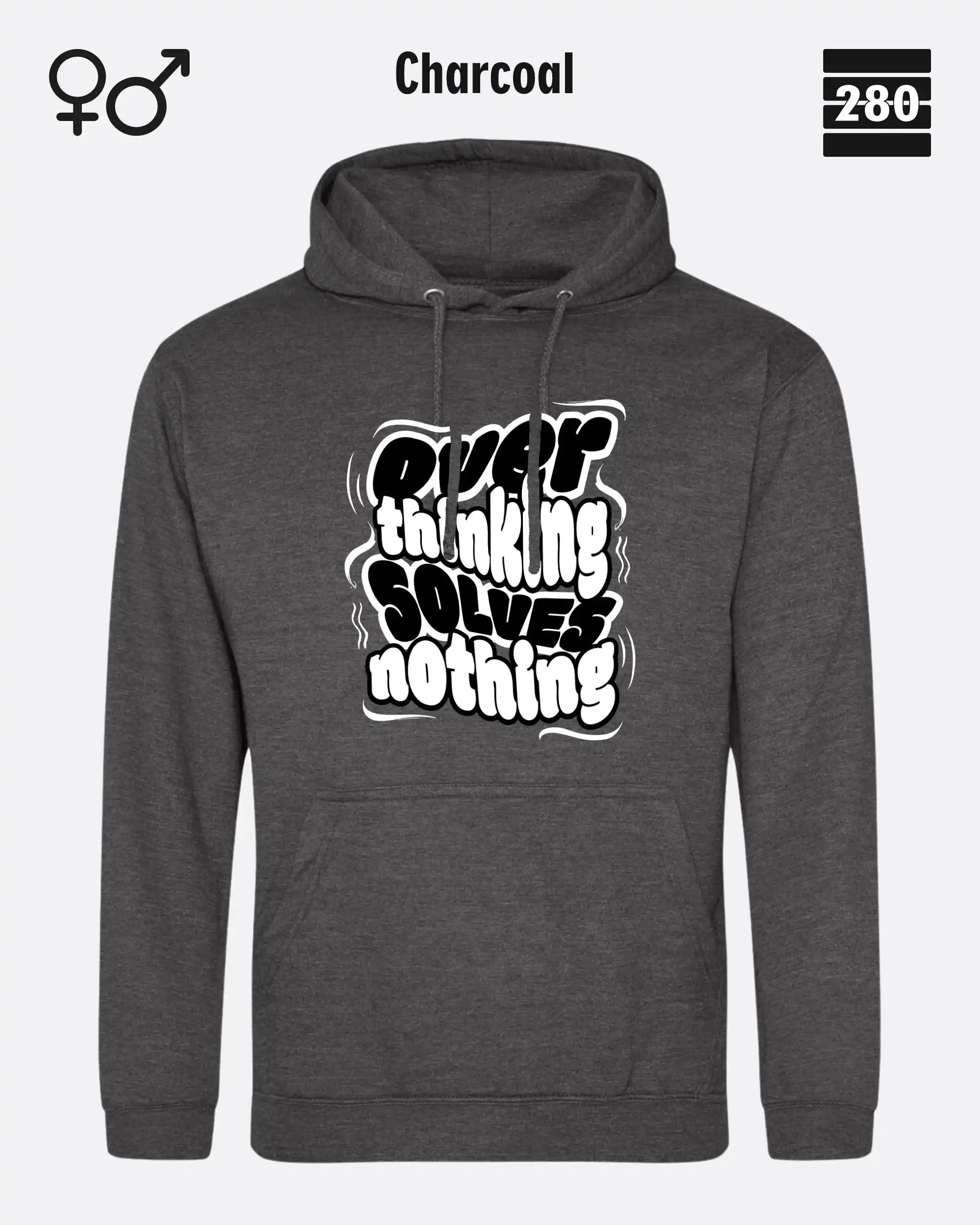das bild zeigt den hoodie jh001 von just hoods in der farbe charcoal und mit dem statement design "overthinking solves nothing".
