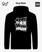 das bild zeigt den hoodie jh001 von just hoods in der farbe deep black und mit dem statement design "overthinking solves nothing".