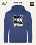 das bild zeigt den hoodie jh001 von just hoods in der farbe denim blue und mit dem statement design "overthinking solves nothing".
